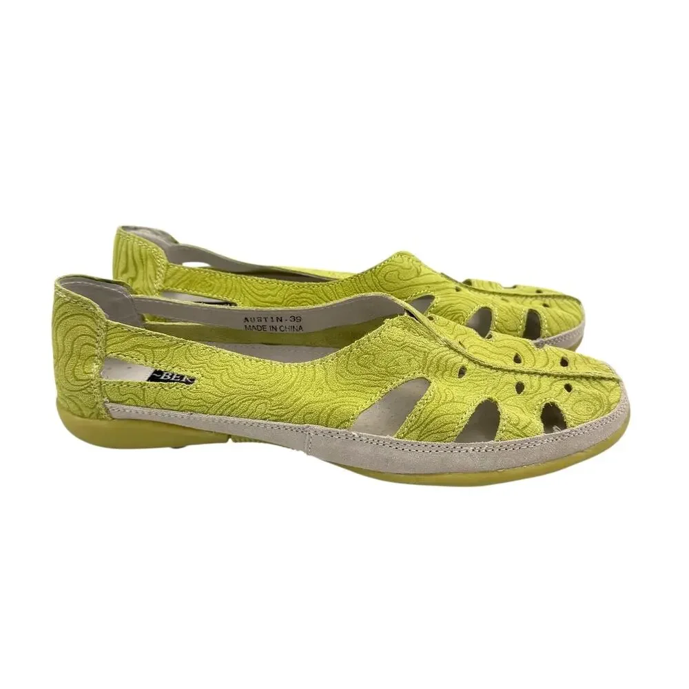 Berne Mev Austin Lime Green Embossed Suede Leather Slip On Flat Comfort Shoes